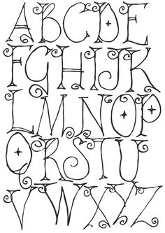 the alphabet is drawn in black and white with swirly font, which includes letters that are