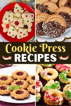 there are many different cookies and pastries on the table with words overlay that says cookie press recipes