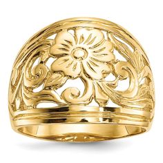 14k yellow gold polished floral ring r638 Gold Flower Ring, Yellow Rings, Wide Band Ring, Floral Ring, Wide Band Rings, Rose Gold Metal, Lovely Ring, Filigree Ring, Elegant Ring