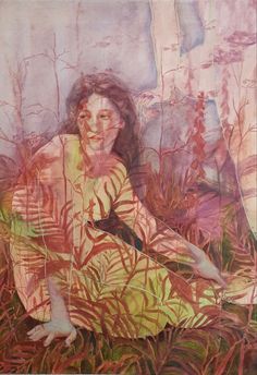 a painting of a woman sitting in the grass