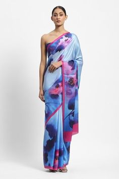 Blue ultra saree with sea of pastel floral watercolor prints. Comes with matching running blouse piece. - Aza Fashions Satya Paul, Watercolor Prints, Pastel Floral, Printed Sarees, Blue Flower, Blouse Piece, Aza Fashion, Floral Watercolor, Flower Prints