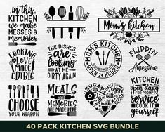 the kitchen svg bundle is shown in black and white