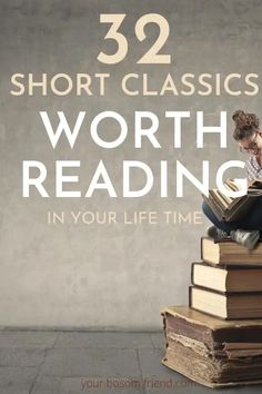 a woman sitting on top of stacks of books with the title 52 short classic worth reading in your life time