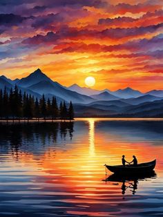 a painting of two people in a boat at sunset