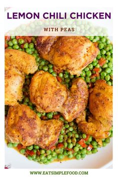 lemon chili chicken with peas on a white plate