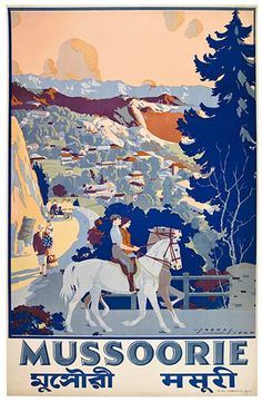 an old poster shows people riding horses in the mountains