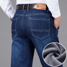 These Casual Denim Stretch Pants for men feature a zipper fly closure, mid-waist, and straight jeans style. They are made from a fabric composition of 67.8% cotton, 30.65% polyester fiber, and 1.55% spandex that provide a comfortable, relaxed fit and a smart casual look. The warm fleece thickness ensures extra comfort and versatility in any season. Product Details Wash: Medium Waist Type: MID Thickness: Fleece Style: Smart Casual Pattern Type: Solid Material: Denim Length: Full Length Jeans Styl Smart Casual Men, Stretch Denim Pants, Smart Casual Style, American Jeans, Mens Fashion Jeans, Hoodie Set, Style Winter, Casual Sportswear, Jeans Fashion