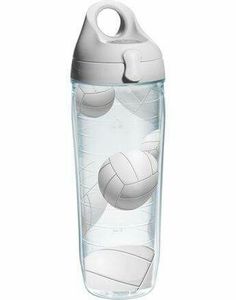 a plastic water bottle with volleyballs on the lid and in it's sleeve