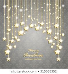 merry christmas and happy new year card with gold stars hanging from the ceiling stock photo