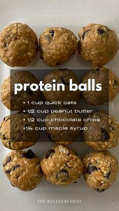 chocolate chip protein balls in a plastic container with the words protein balls on top and bottom