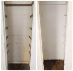 before and after pictures of a closet with wood flooring on the bottom and inside