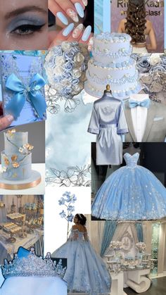 a collage of blue and white wedding gowns, dresses, and accessories for the bride