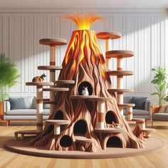 a cat tree house with fire in the middle