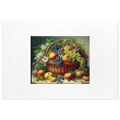 a painting of grapes, apples and other fruits in a basket on a tablecloth