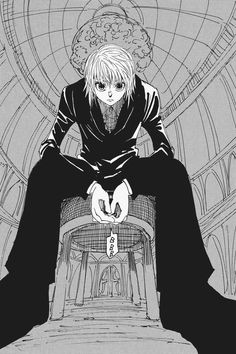 an anime character sitting on top of a bench with his hands in his pockets and looking down