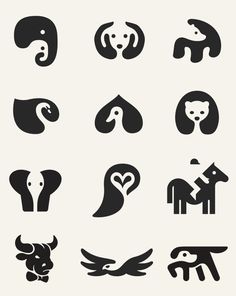 black and white animal icons on a white background, including an elephant, giraffe,