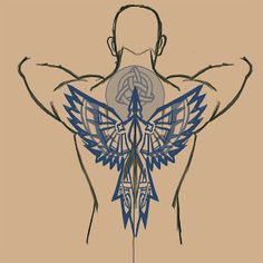 a drawing of the back of a man with wings