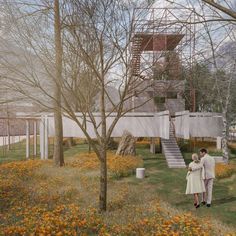 an artist's rendering of a man and woman standing in front of a house