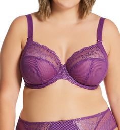 This captivating underwire bra features a j-hook on shoulder strap so you can wear it as a racerback or traditional style. Multi-part, underwire, unlined (unpadded) cup shapes for an uplifted, rounded look. Side support panels deliver added support. Sheer yet powerful stretch jacquardtronic floral lace top cup panel has elastic for fit. Sheer, diamond-patterned mesh cups have angled and vertical seaming for shape and support. Low, plunge center front without pushing up. Center panel - wide and a Fitted Purple Bra With Adjustable Straps, Purple Fitted Bra With Adjustable Straps, Purple Full Coverage Bra With Padded Cups, Mesh Underwire Bra With Padded Cups, Purple Underwire Bra With Medium Bust Support, Purple Underwire Bra With Removable Pads, Elomi Bras, Micro-elastic Underwire Bra With Seamless Construction, Underwire Bra With Removable Pads And Micro-elastic Fit