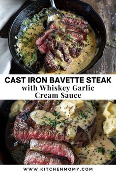 steak and gravy in a cast iron skillet with text overlay that reads cast iron bautee steak with whiskey garlic cream sauce