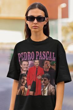 "If you want the t-shirt to look like the model,we suggest you to buy it 1-2 size bigger than your regular size. PEDRO PASCAL tee 🎉 Key Features: -High-quality, soft, and comfortable cotton fabric. -A vintage Oversize T-shirt -Available in various sizes to ensure a perfect fit for everyone. -%100 Cotton HOW TO ORDER: 1-Browse all pictures. 2- Mark your \"Size\" and \"Color\" selections from the drop-down menus. 3- Choose your quantity. 4-You can continue your payment process by clicking the \"A 90s Style Crew Neck T-shirt With Character Print, 90s Inspired Short Sleeve T-shirt For Fans, 90s Crew Neck T-shirt With Character Print, 90s Character Print Crew Neck T-shirt, 90s Inspired Short Sleeve T-shirt With Sublimation Print, 90s Inspired Sublimation Print Short Sleeve T-shirt, Celebrity Shirts, Love You Cute, Movie Tees