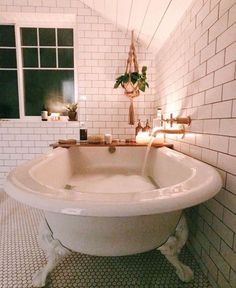 a person holding a plant in front of a bathtub with white tiles on the walls