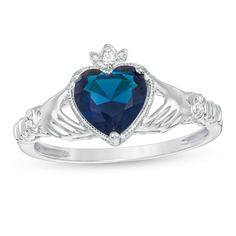 A celebration of love, loyalty and friendship, this Claddagh ring complements her casual or dressy looks. Crafted in sterling silver, this thoughtful design features a 7.0mm heart-shaped lab-created bright blue sapphire wrapped in a border of intricate milgrain detailing. Sculpted diamond-accented crown and hand details complete this traditional style. Buffed to a brilliant luster, this choice is sure to be cherished. Custom-made to fit your ring size. Sterling silver rings cannot be resized aft Blue Sterling Silver Promise Heart Ring, Blue Sterling Silver Heart Ring For Anniversary, Classic Sterling Silver Heart Ring With Birthstone, Formal Sterling Silver Heart Ring With Birthstone, Formal Heart Ring With Birthstone In Sterling Silver, Hair Dress, Claddagh Ring, Claddagh Rings, Blue Sapphire Diamond