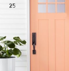 an orange front door with the number 25 on it and a potted plant next to it