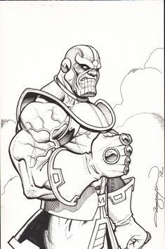 a black and white drawing of a cartoon character holding a giant metal object in his hand