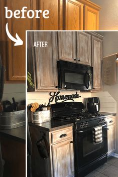 before and after photos of a kitchen remodel with wood cabinets, black appliances, and white countertops