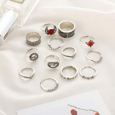 WickedAF Ring Set Celestial Ring Set 14pcs Trendy Red Stackable Jewelry, Celestial Ring, Ring Sets Boho, Sunflower Ring, Rings Vintage, Knuckle Rings, Bohemian Rings, Charm Rings, Rings Set