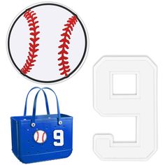 the number nine is next to an image of a baseball ball and a handbag