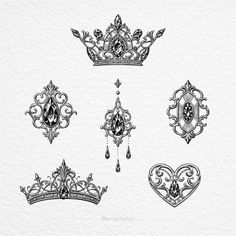 an image of crowns and tiaras drawn in ink on paper with watercolor pencils