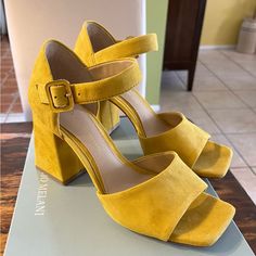 Brand New, Antonio Melani From Dillards, Citrine Open Toe, Block Heal, Suede Sandals. Yellow Ankle Strap Heels With Heel Loop, Yellow Heels With Ankle Strap And Heel Loop, Yellow Suede Closed Toe Heels, Yellow Closed Toe Sandals For Formal Occasions, Formal Yellow Closed Toe Sandals, Yellow Closed Toe Sandals With 4-inch Heel, Yellow Sandals With Stacked High Heel, Yellow High Heel Sandals With Stacked Heel, Yellow Block Heels With Buckle Closure