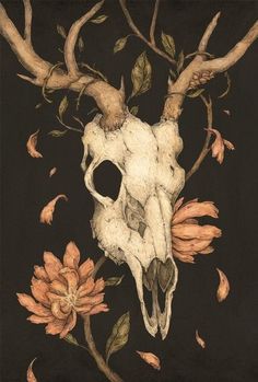 a drawing of a skull and flowers on a black background, with the image of an animal's head in the middle