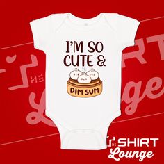 "\"I'm So Cute And Dim Sum\" Baby bodysuit or toddler t-shirt for the future dumpling lover! Perfect for parents who love Chinese food. Feel free to message us with any customization, we are happy to help. Our garments are made from 100% combed ringspun cotton, the one piece includes a lap shoulder neckline, and is reinforced with a three snap closure. This creeper/toddler shirt is sure to put a smile on anyone's face who see its. Spread a little happiness with this cute infant one piece or t-sh Cute Graphic Print Onesie For First Birthday, Cute White Onesie With Cartoon Print, Cute Short Sleeve Bodysuit With Graphic Print, Cute White Cartoon Print Onesie, Unisex Cute Onesie With Graphic Print, Cute White Short Sleeve Bodysuit, Cute White Onesie With Graphic Print, Dim Sum Dumplings, Food Pun