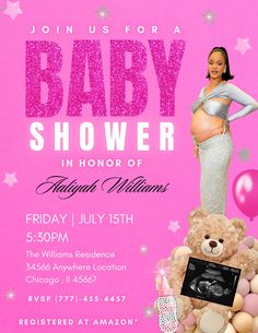 a baby shower with a teddy bear and balloons