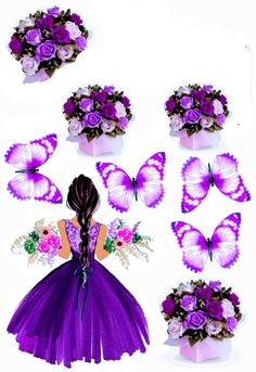 a girl in a purple dress surrounded by flowers and butterflies