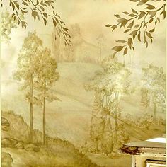 a painting on the wall with trees and rocks