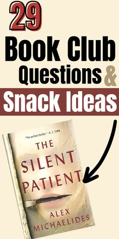 the book club questions and snack ideas are shown with an arrow pointing up to it