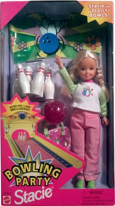 the doll is wearing pink pants and a white shirt with bowling party on it's chest