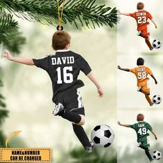 a christmas tree ornament with soccer players in different colors and numbers on it