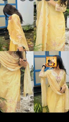 the woman is wearing a yellow dress and posing for pictures with her cell phone in hand