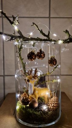 a glass vase filled with christmas decorations and lights