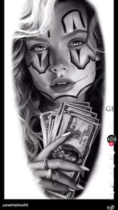 a drawing of a girl with face paint holding money in her hands and looking at the camera