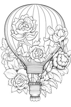 a hot air balloon with flowers and leaves