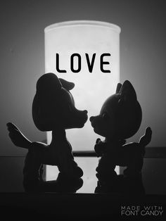 two little dogs sitting next to each other in front of a glass with the word love written on it