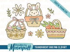 three baskets with flowers and rabbits in them, one has a bunny inside the basket