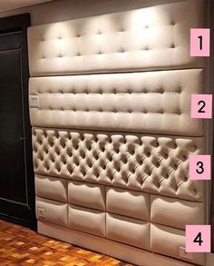 an upholstered headboard is shown with numbers on the side and four different sections