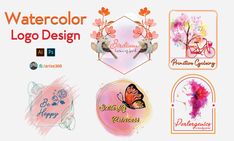 watercolor logo design with flowers and butterflies